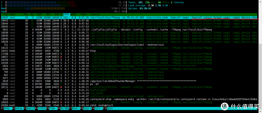红线处出现的hwaccel后面以及后面出现的device /dev/dri/randerD128说明jellyfin已经调用核心显卡转码
